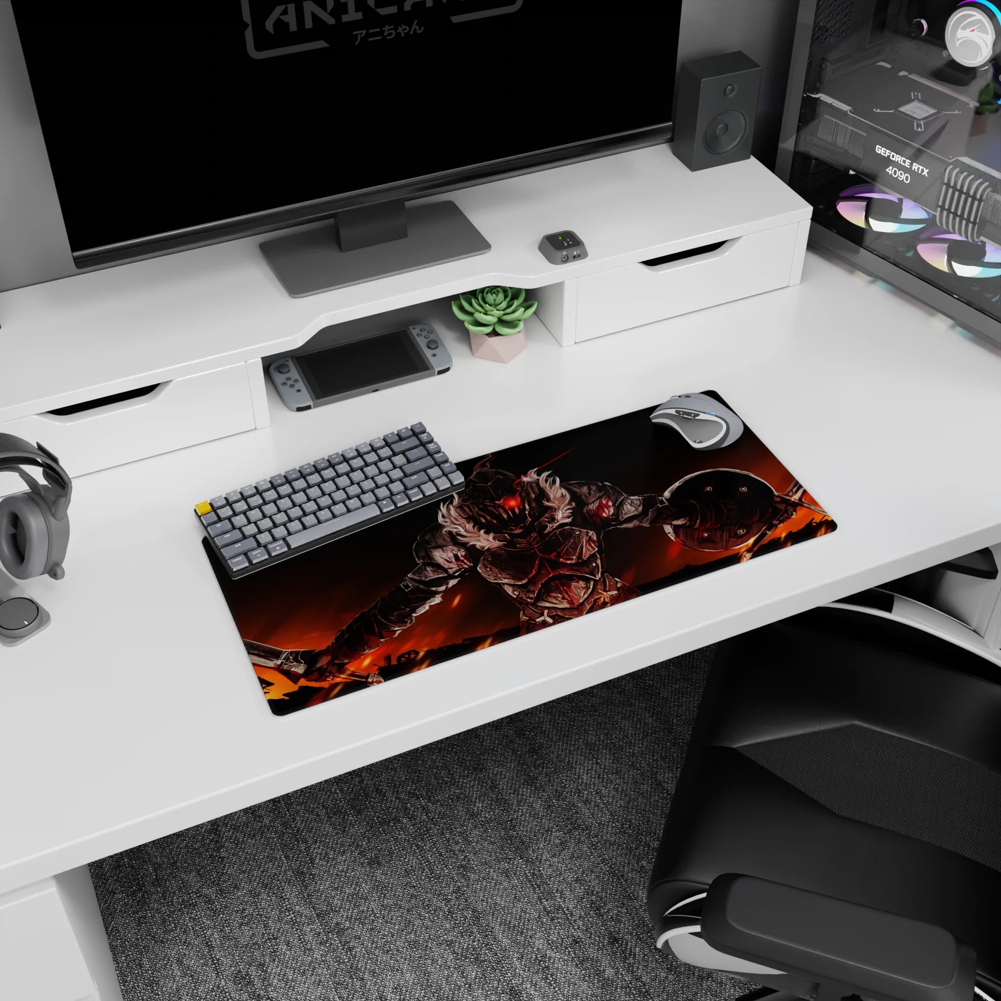 28x12 inches anime mouse pad featuring a scarred armored fighter with red eyes, shield, and sword.