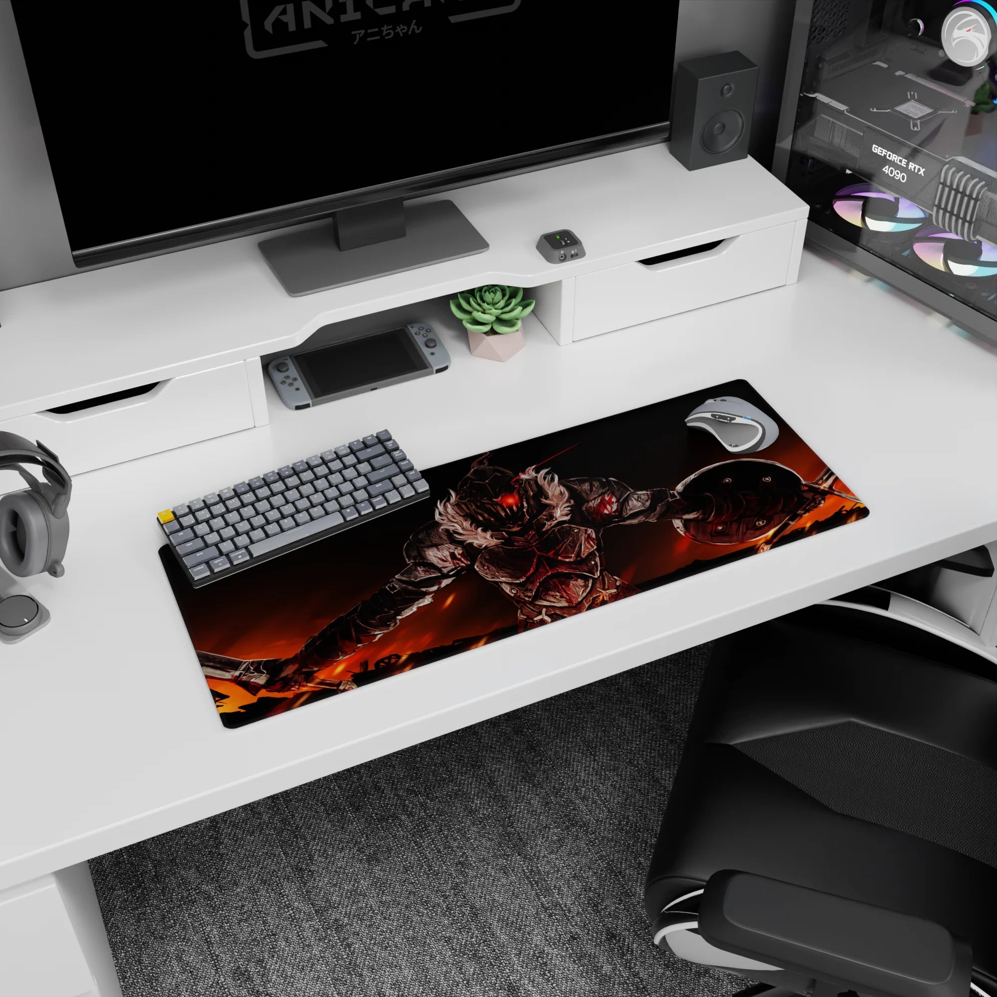 32x12 inches anime mouse pad showing a scarred armored warrior with glowing red eyes under a burning sky.