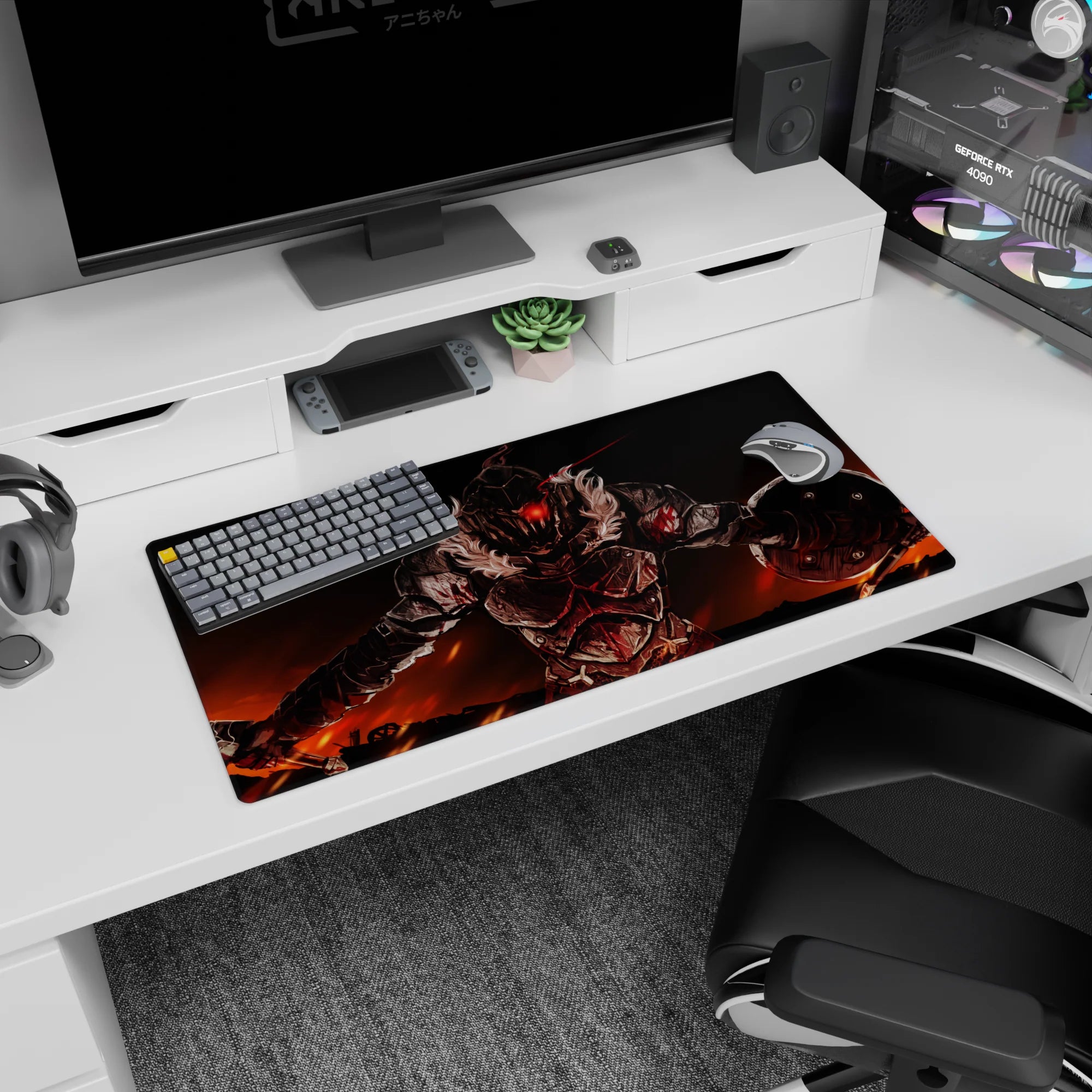 32x16 inches anime mouse pad featuring a red-eyed armored warrior with shield, sword, and fur collar.