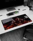 32x16 inches anime mouse pad featuring a red-eyed armored warrior with shield, sword, and fur collar.