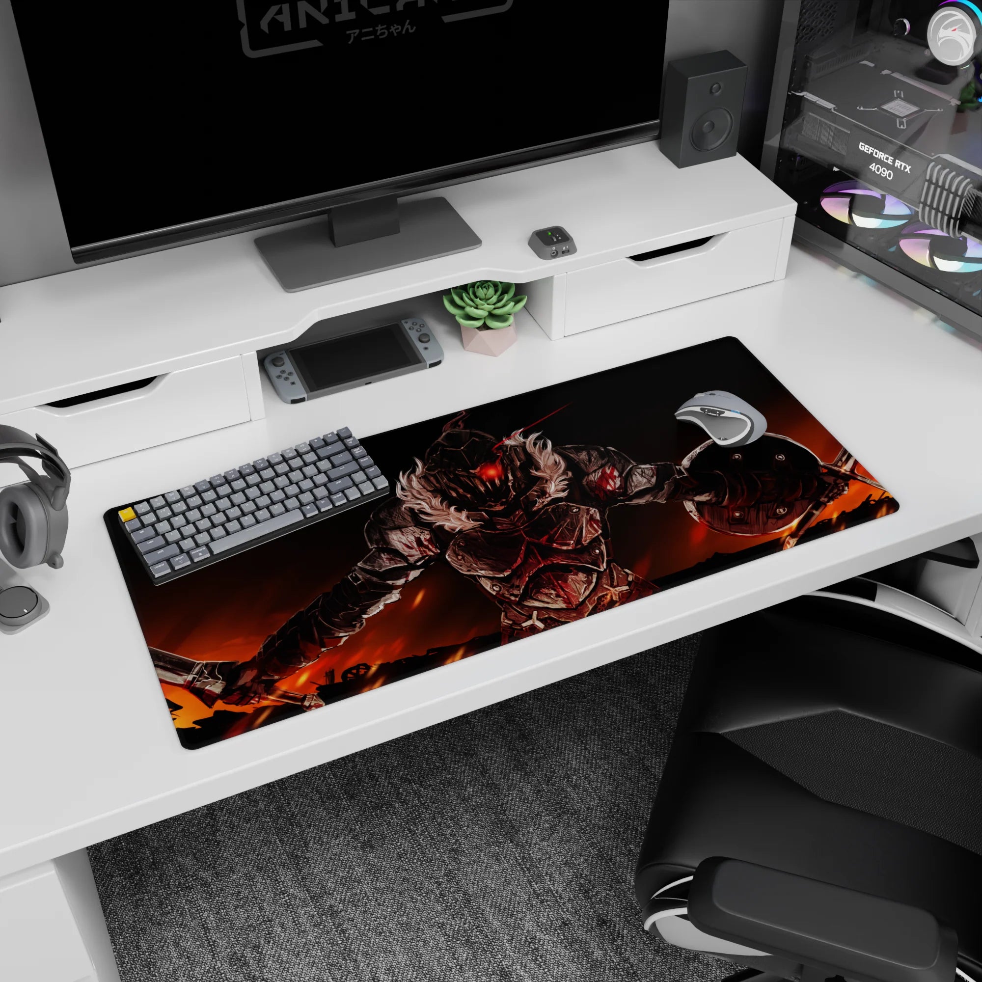Anime desk pad 36x16 inches showing a scarred steel warrior with glowing red eyes under a burning sky.