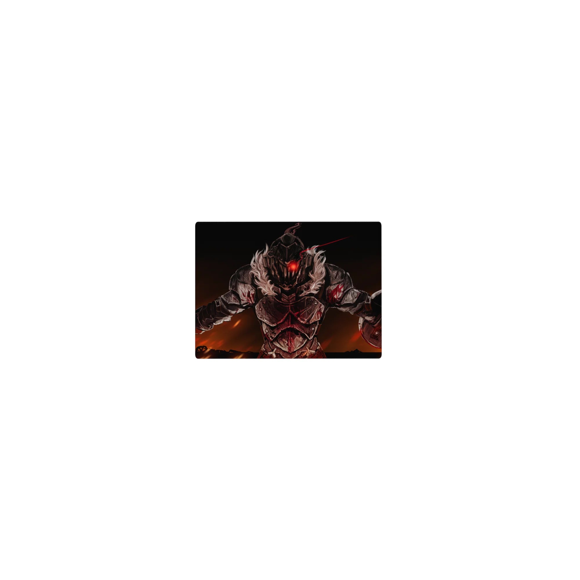 Classic anime mouse pad 14x10 inches with armored warrior, sword and shield, in a fiery battle scene.