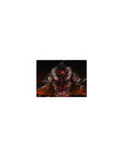 Classic anime mouse pad 14x10 inches with armored warrior, sword and shield, in a fiery battle scene.