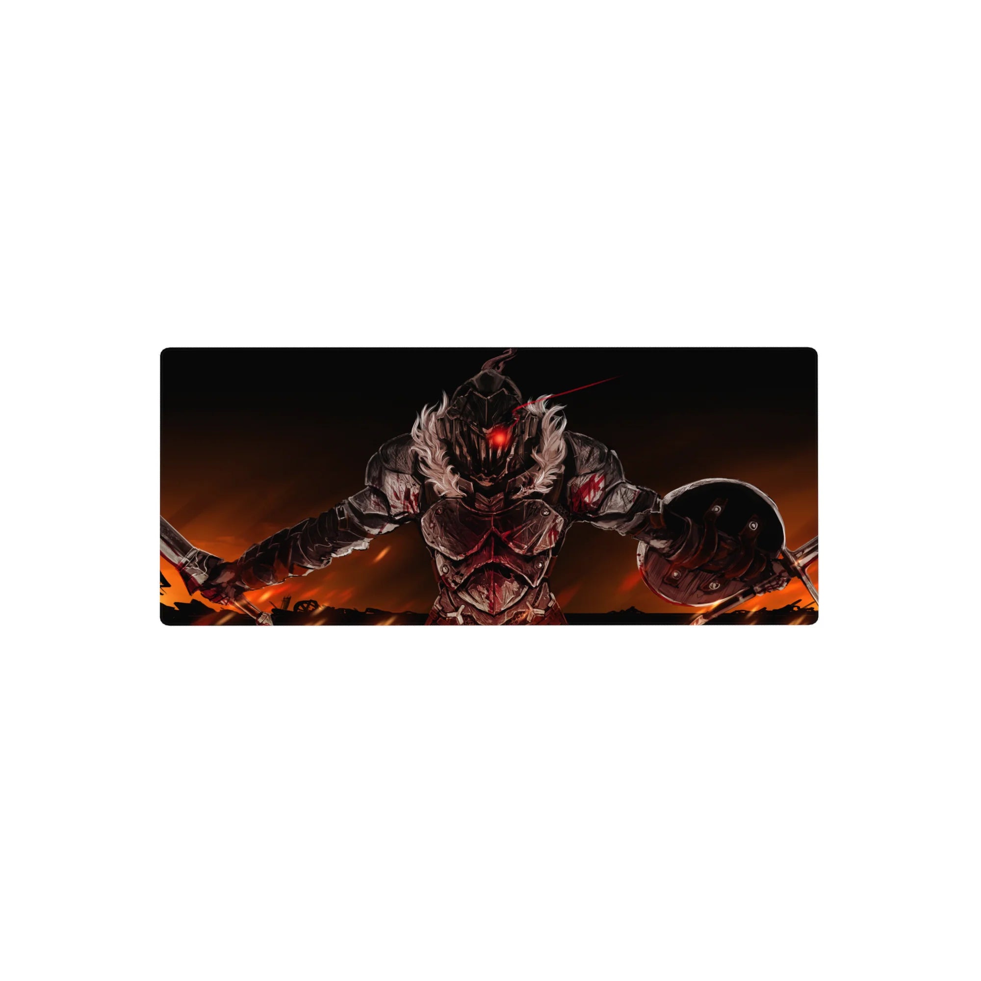 Anime mouse pad 28x12 inches with armored warrior, sword and shield, in a fiery dark fantasy scene.