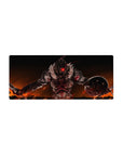 Anime mouse pad 28x12 inches with armored warrior, sword and shield, in a fiery dark fantasy scene.