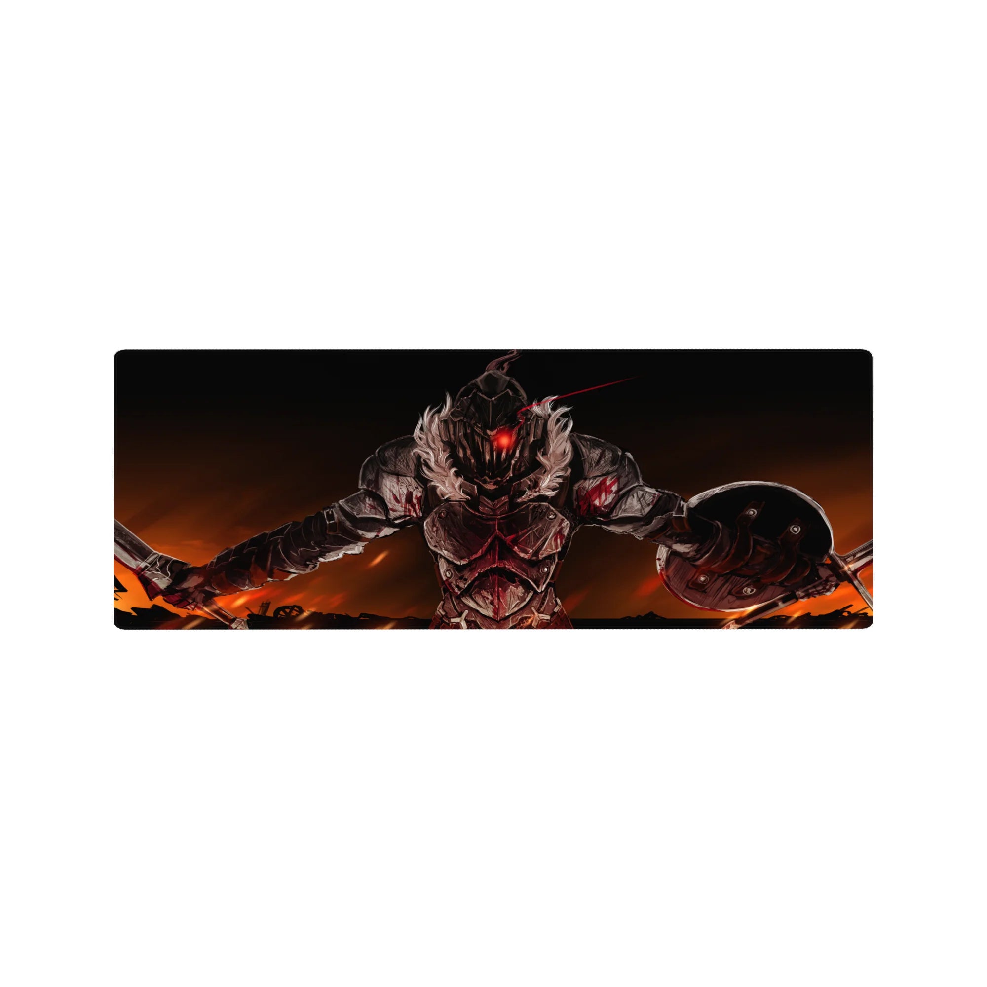 Anime mouse pad 32x12 inches with a dark fantasy armored warrior, sword and shield in hand.