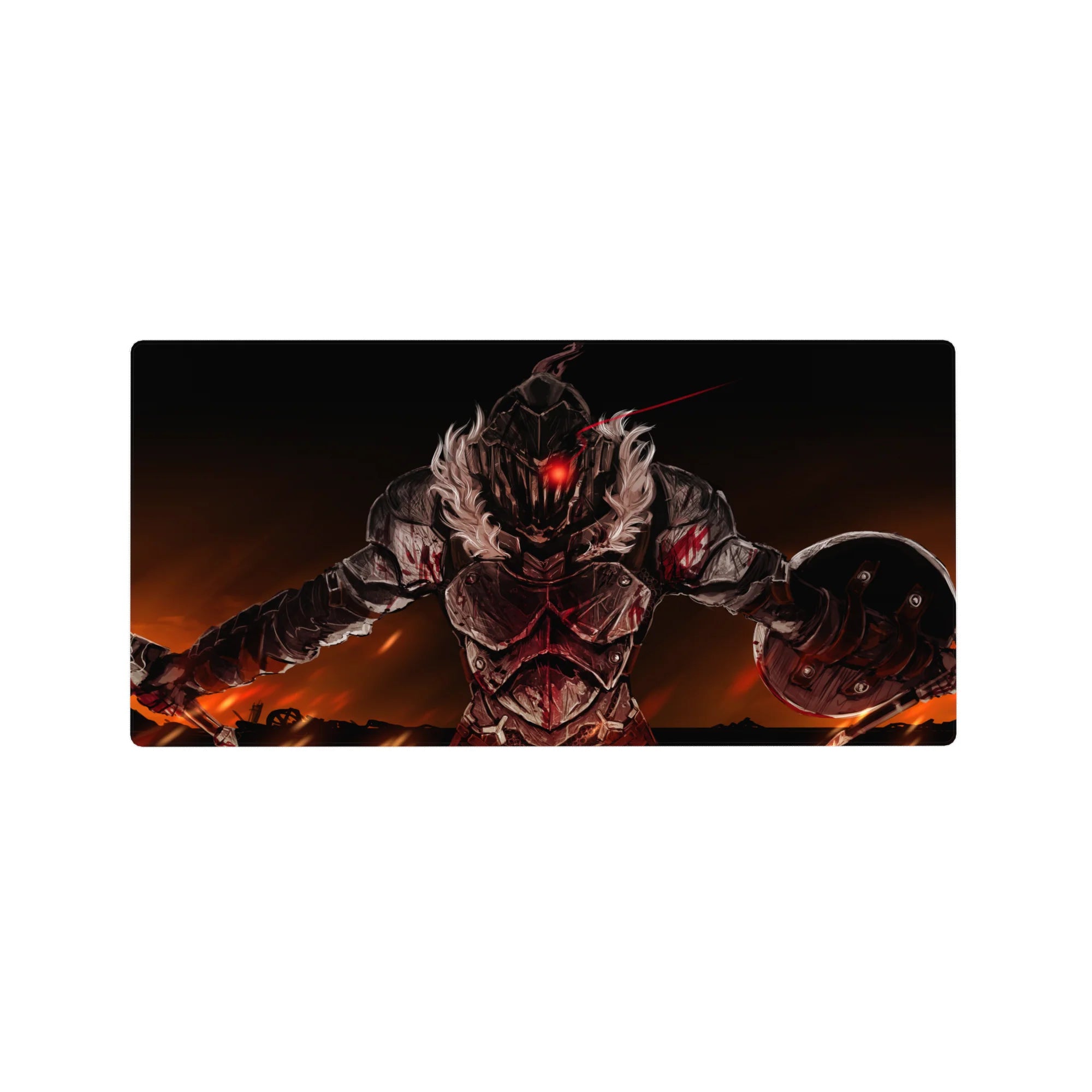 32x16 inches anime mouse pad with armored warrior, sword and shield, under a burning sky.