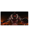 32x16 inches anime mouse pad with armored warrior, sword and shield, under a burning sky.
