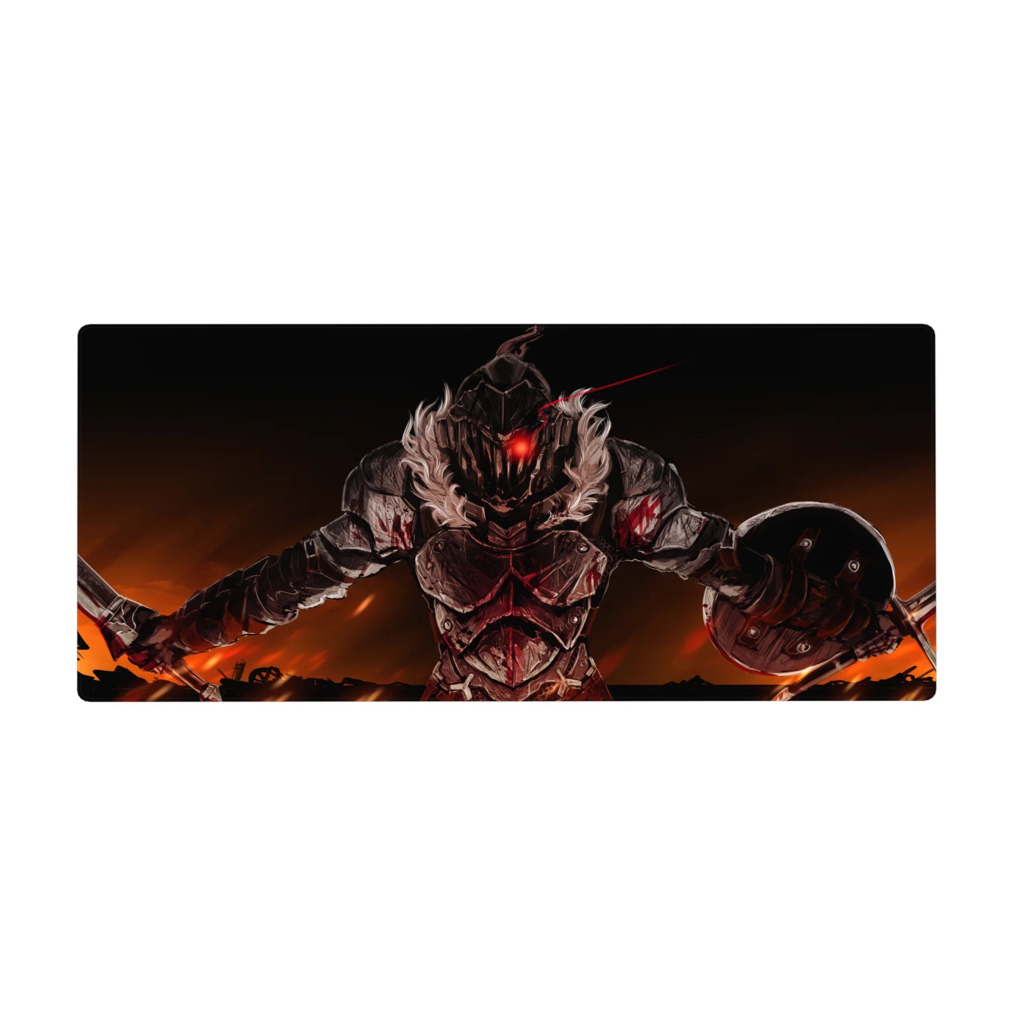 Anime desk pad 36x16 inches with a brutal armored warrior, sword and shield, in a fiery dark fantasy scene.