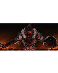 Anime desk pad 36x16 inches with a brutal armored warrior, sword and shield, in a fiery dark fantasy scene.