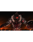 Anime desk pad 40x20 inches with a brutal armored warrior, sword and shield, in a fiery dark fantasy scene.