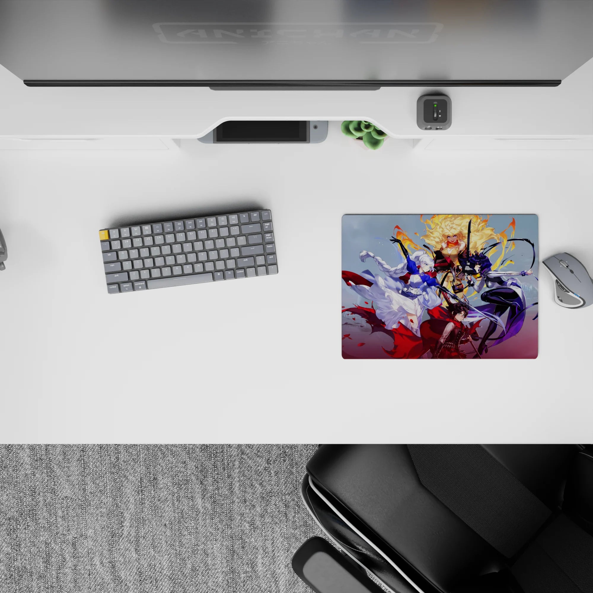 Icy white, deep violet, and blazing gold anime mouse pad 14x10 inches, brave playful vibe, crisp contrast.