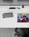 Icy white, deep violet, and blazing gold anime mouse pad 14x10 inches, brave playful vibe, crisp contrast.