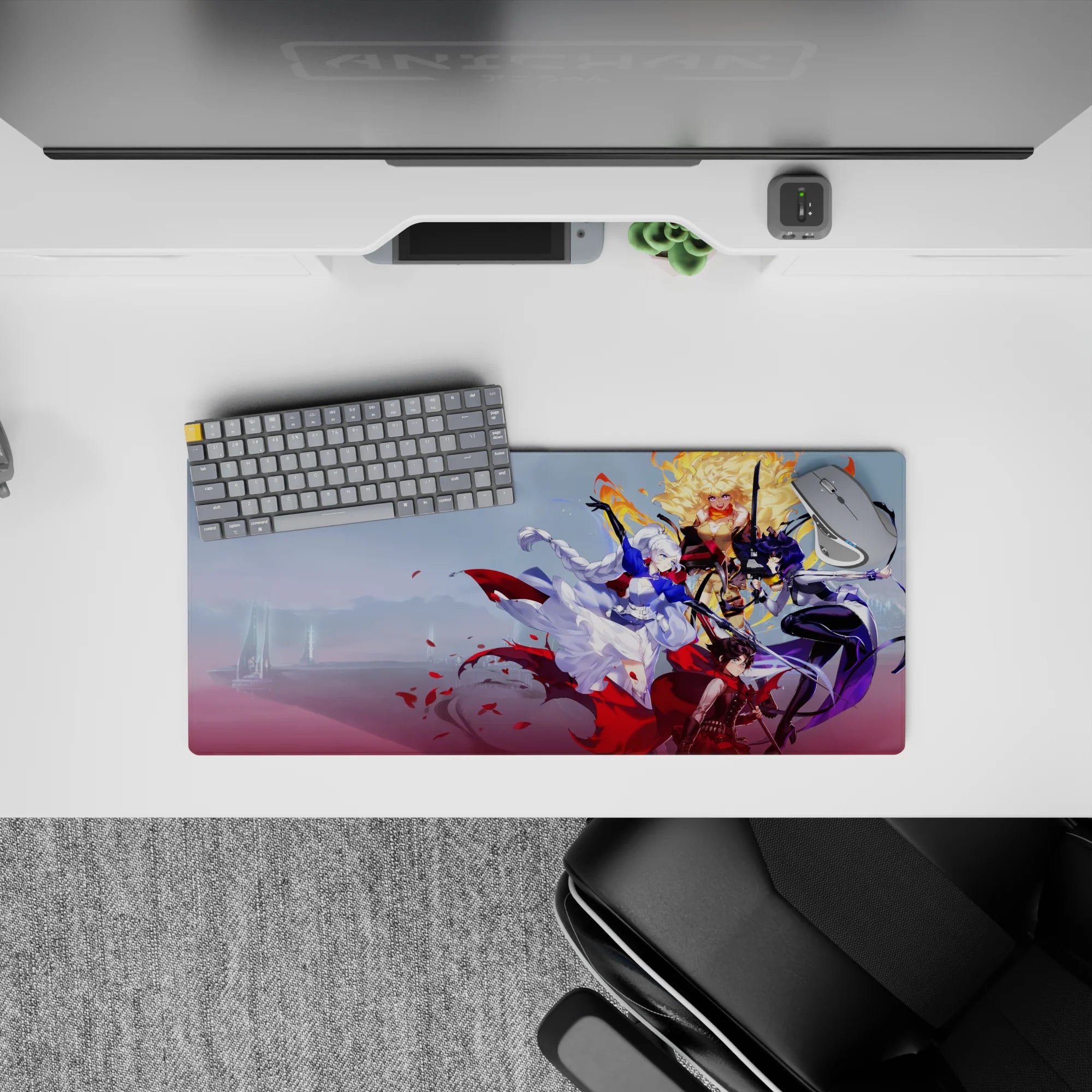 28x12 inches anime mouse pad in icy white, deep violet, and blazing gold, bold contrast and playful hero vibe.