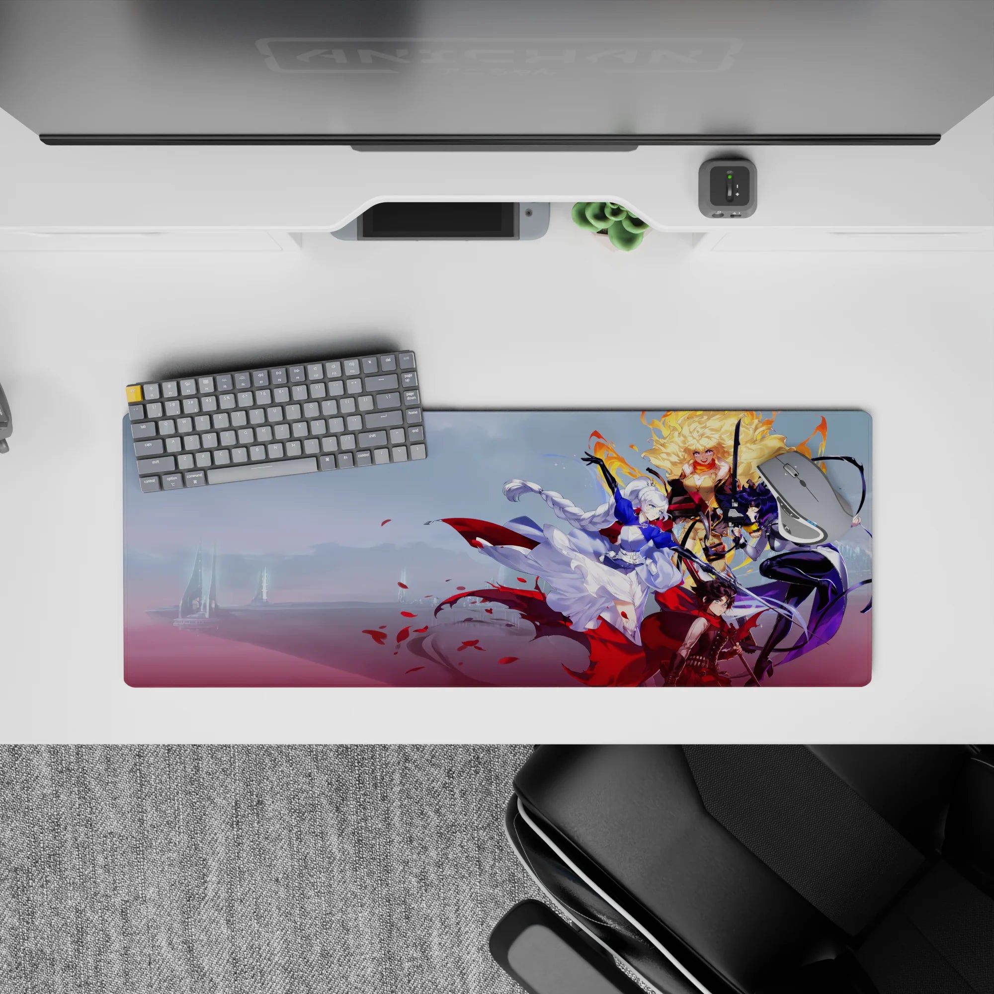 32x12 inches anime desk mat in icy white, deep violet, and blazing gold with brave, playful energy.