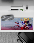32x12 inches anime desk mat in icy white, deep violet, and blazing gold with brave, playful energy.