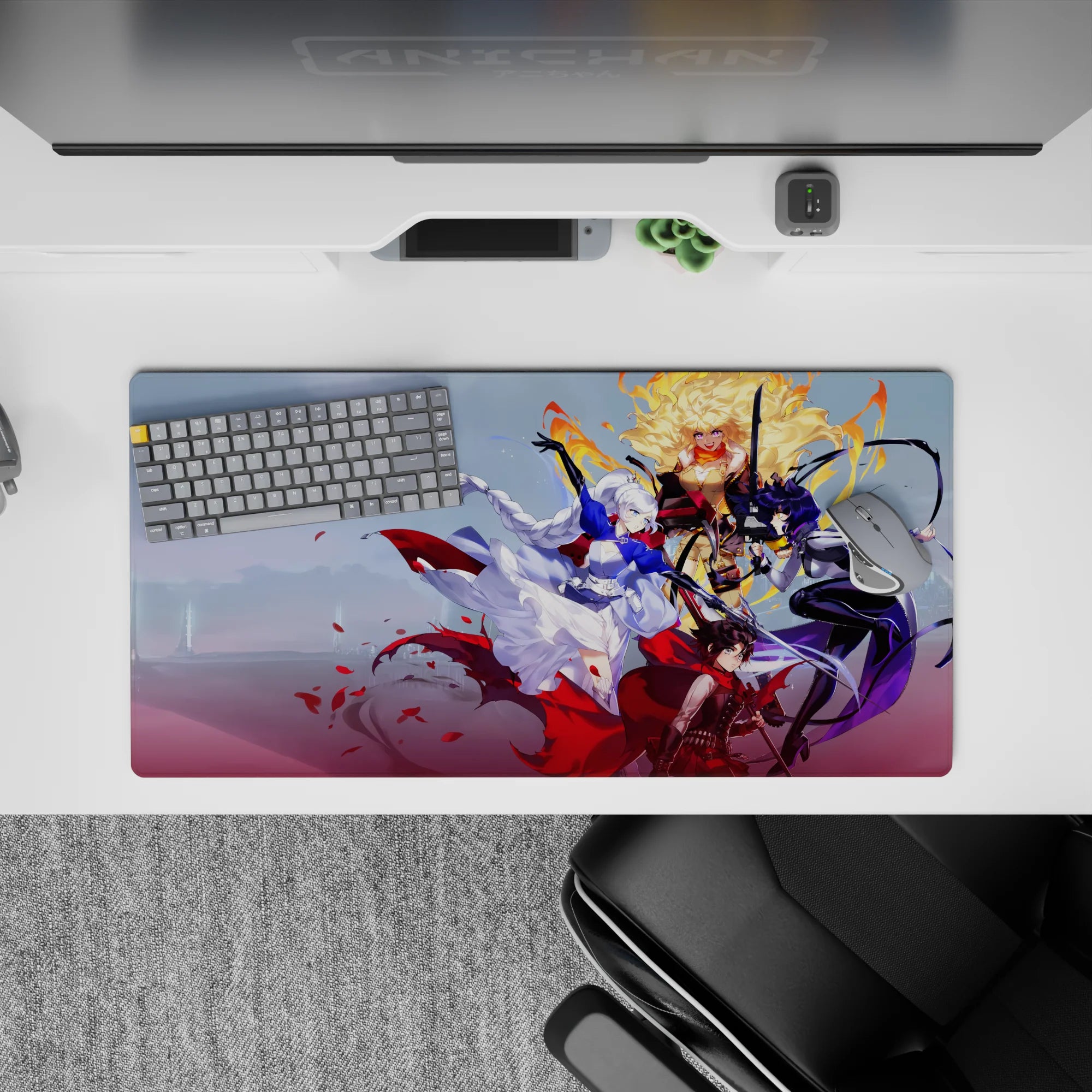 32x16 inches anime girl mouse pad in icy white, deep violet, and blazing gold with brave playful energy.