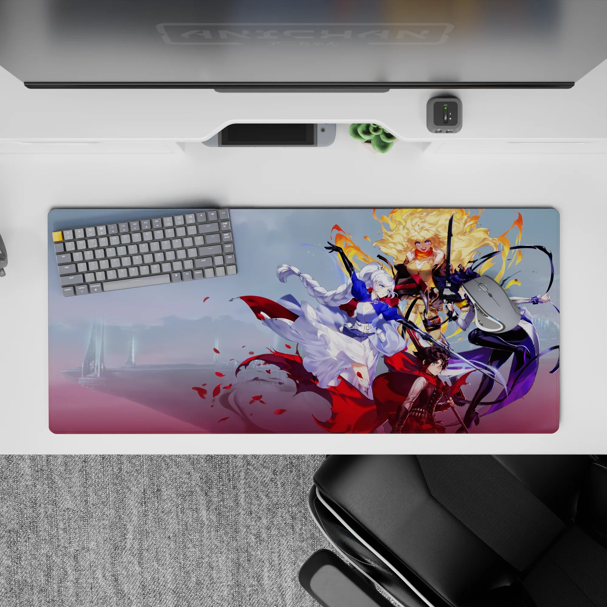 Icy white, deep violet, and blazing gold anime girl desk pad 36x16 inches, brave and playful energy.