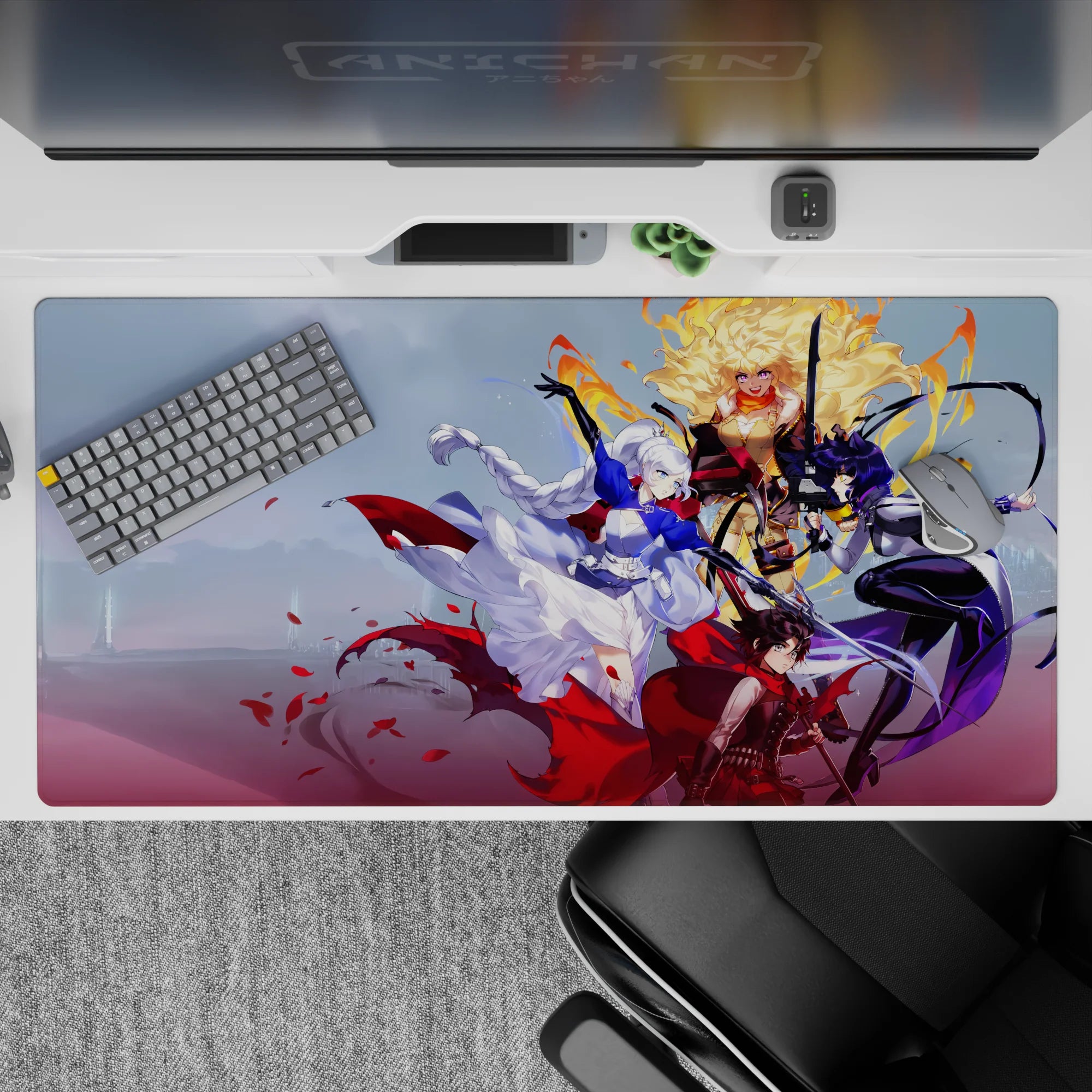 40x20 inches anime desk pad in icy white, deep violet, and gold with bold, playful battle energy.