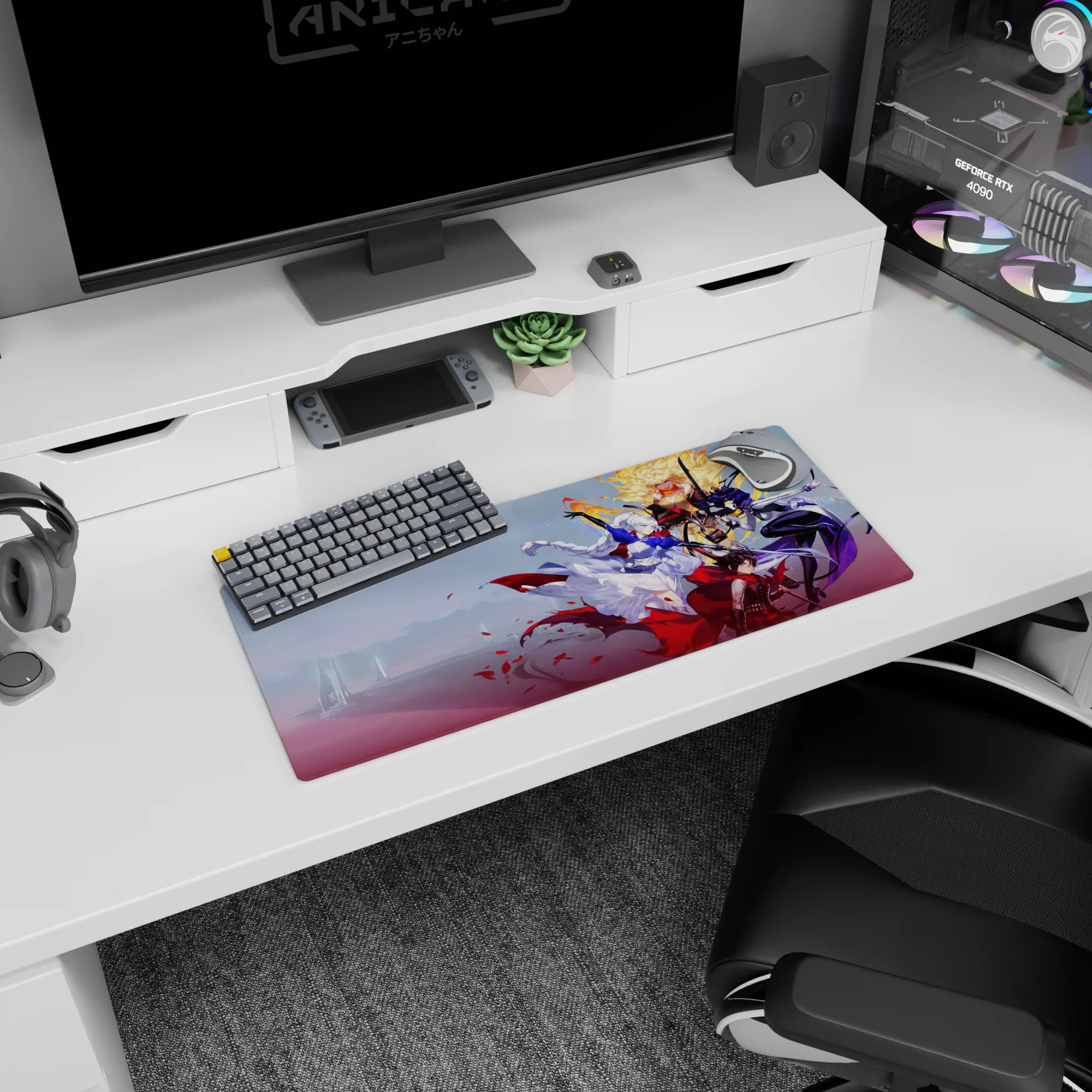 28x12 inches anime girl mouse pad featuring a silver-haired heroine in blue cape with petals, backed by fiery fighter.