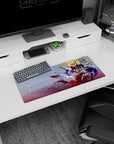28x12 inches anime girl mouse pad featuring a silver-haired heroine in blue cape with petals, backed by fiery fighter.