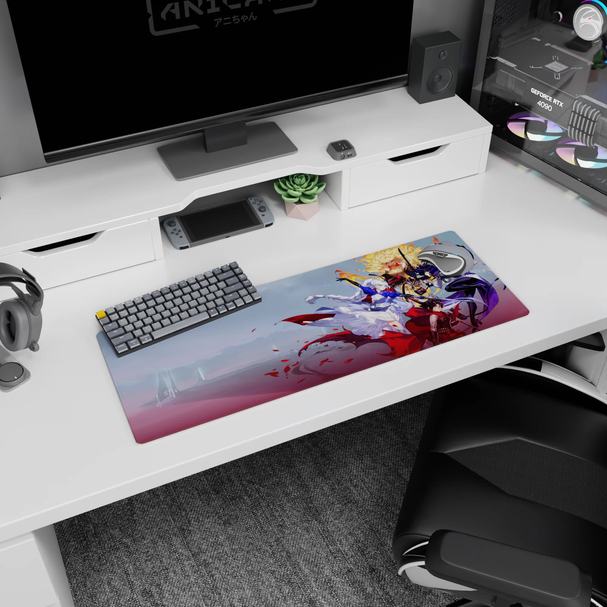 32x12 inches anime girl mouse pad featuring a silver-haired heroine twirling in petals with two fighters behind.