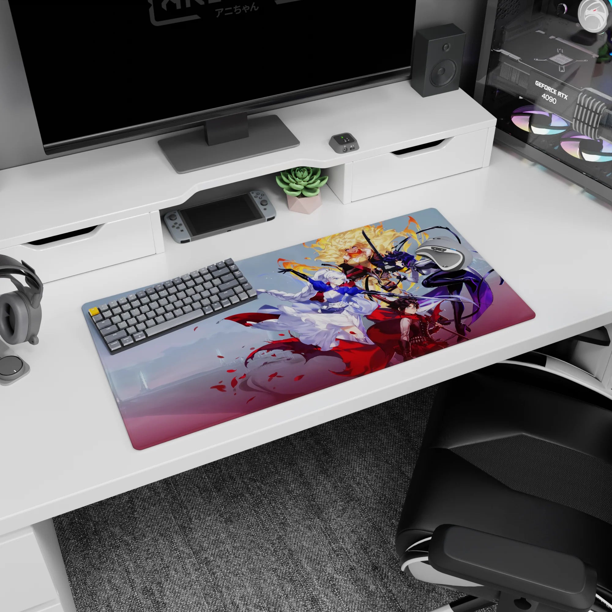 32x16 inches anime girl mouse pad showing silver-haired heroine twirling as a fiery fighter and swordswoman pose.