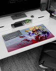 32x16 inches anime girl mouse pad showing silver-haired heroine twirling as a fiery fighter and swordswoman pose.