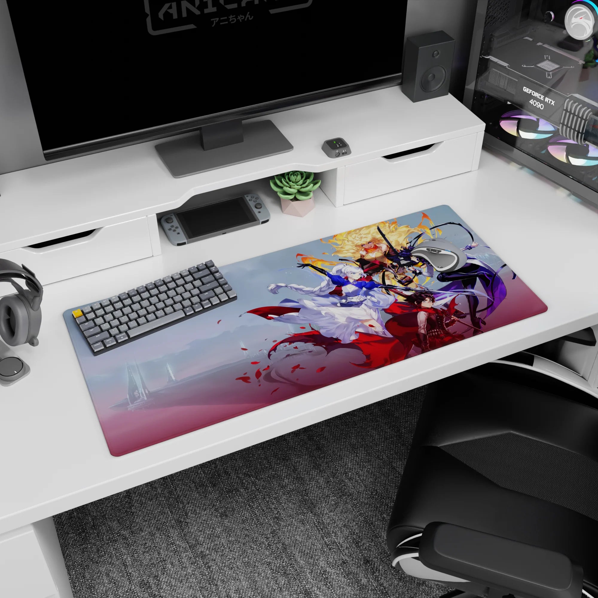 Silver-haired anime heroine twirling in dress and blue cape with petals on desk pad 36x16 inches.