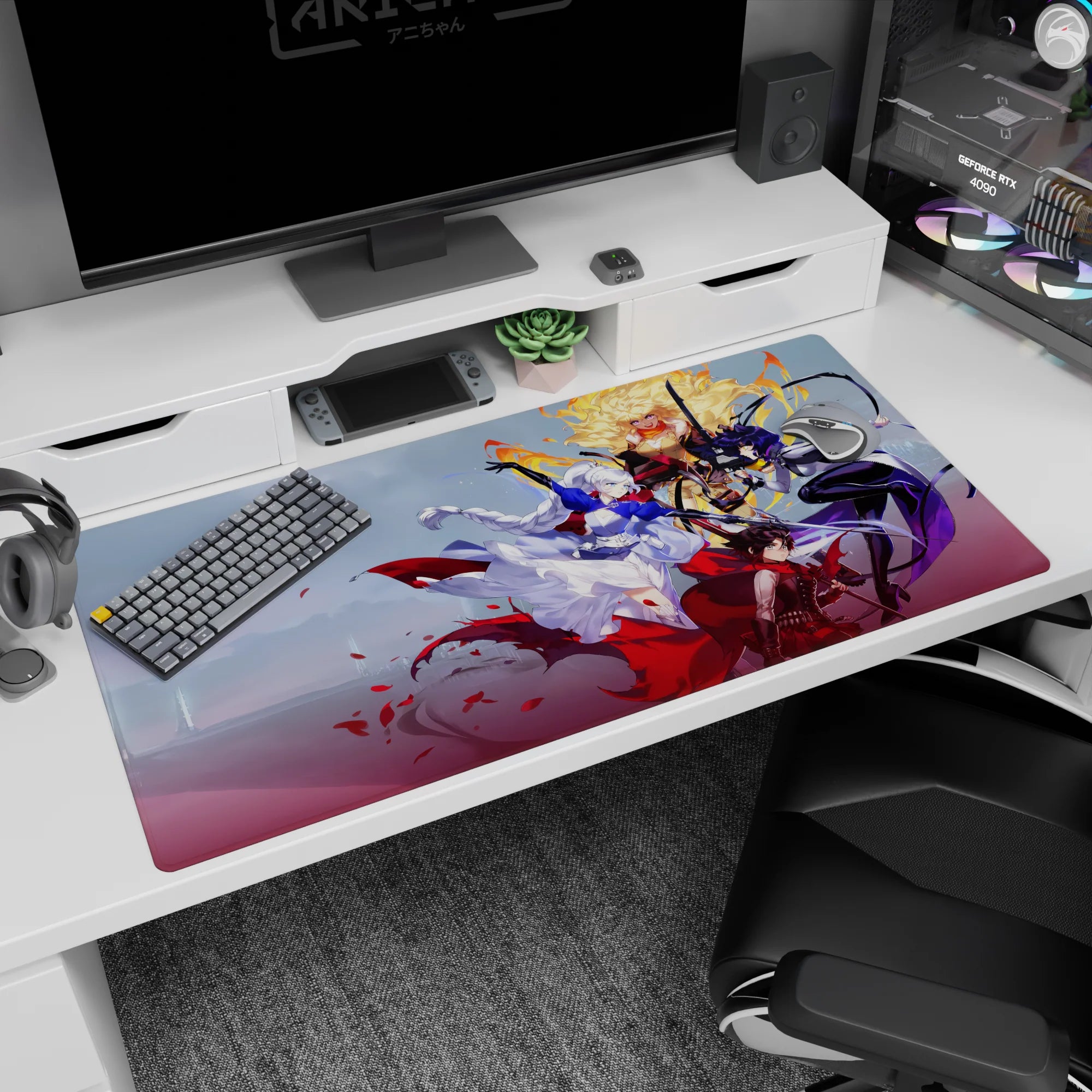 40x20 inches anime girl desk pad showing silver-haired heroine twirling, petals flying, cape flowing.