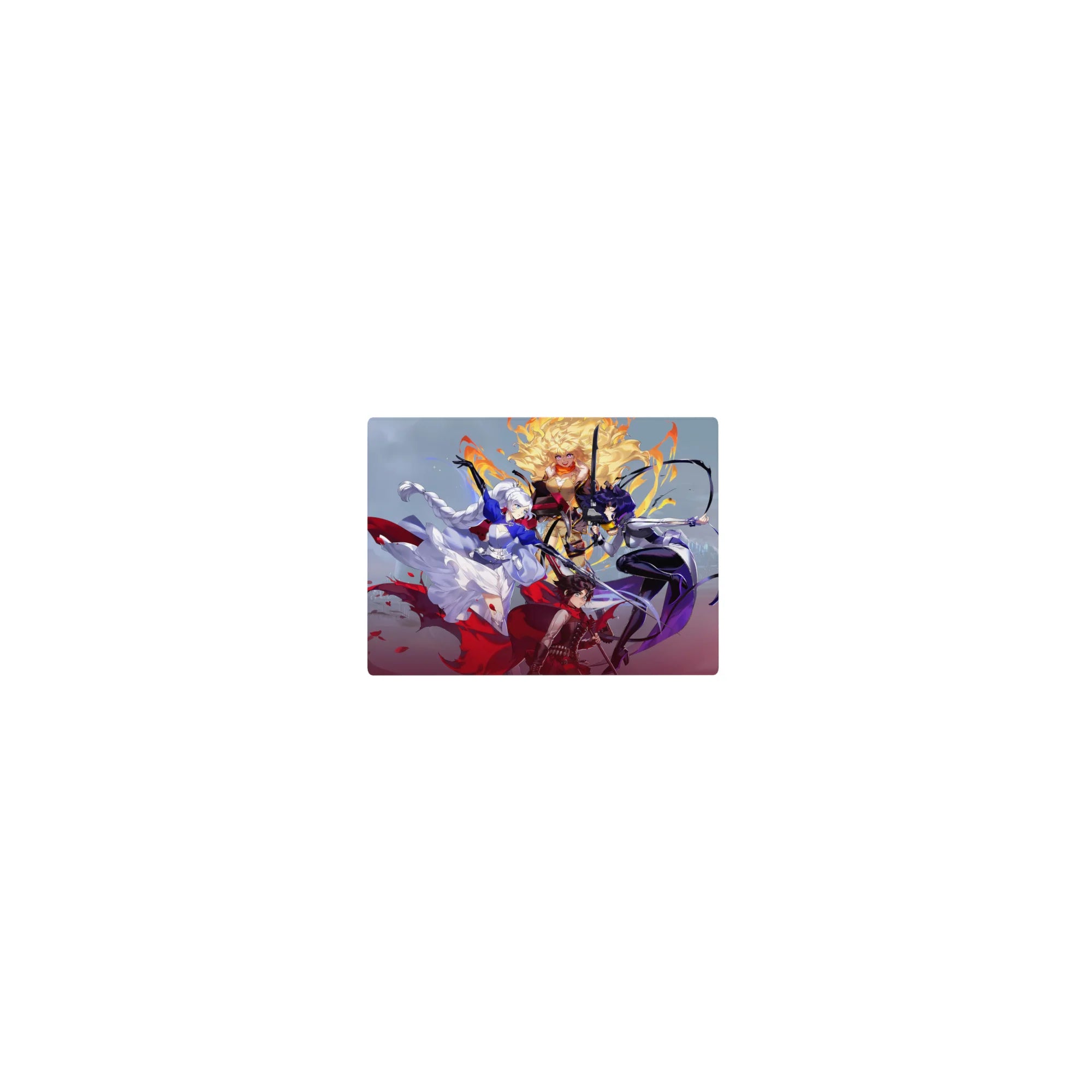 Classic anime girl mouse pad 14x10 inches with silver-haired heroine, petals, fire fighter, and purple swordswoman.