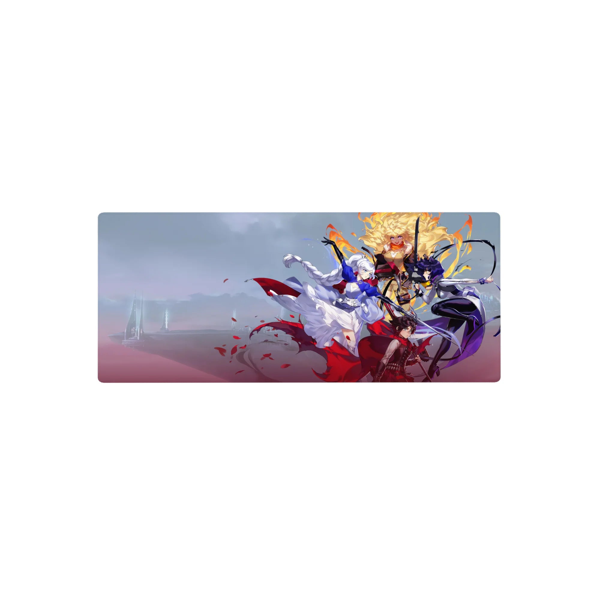 28x12 inches anime girl mouse pad with three heroines, swirling cloaks, petals, and sharp sword poses.