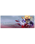 32x12 inches anime girl mouse pad with three heroines, petals, capes, and crisp high-contrast lines.