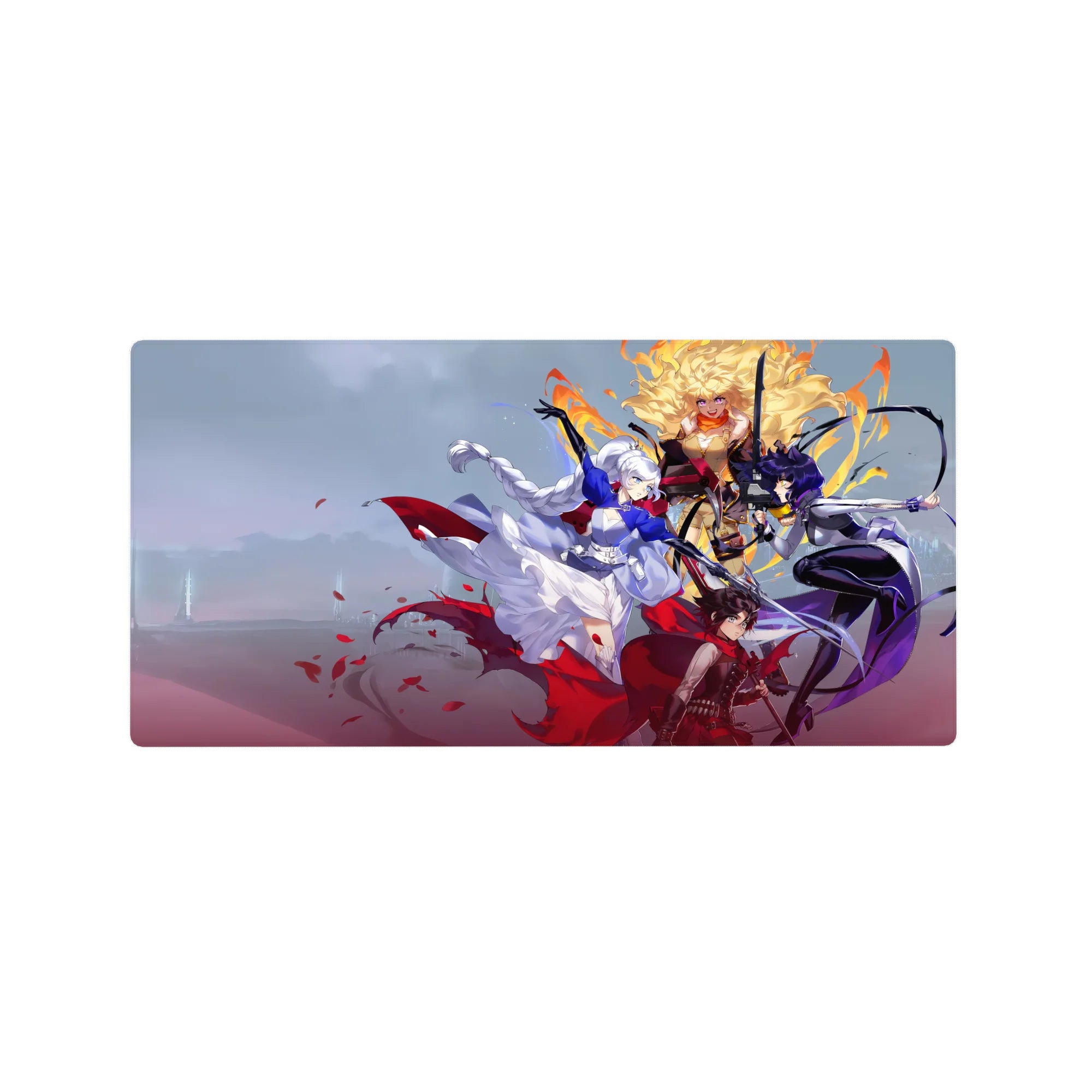 32x16 inches anime girl mouse pad with three heroines, petals flying, bold clean-line anime artwork.