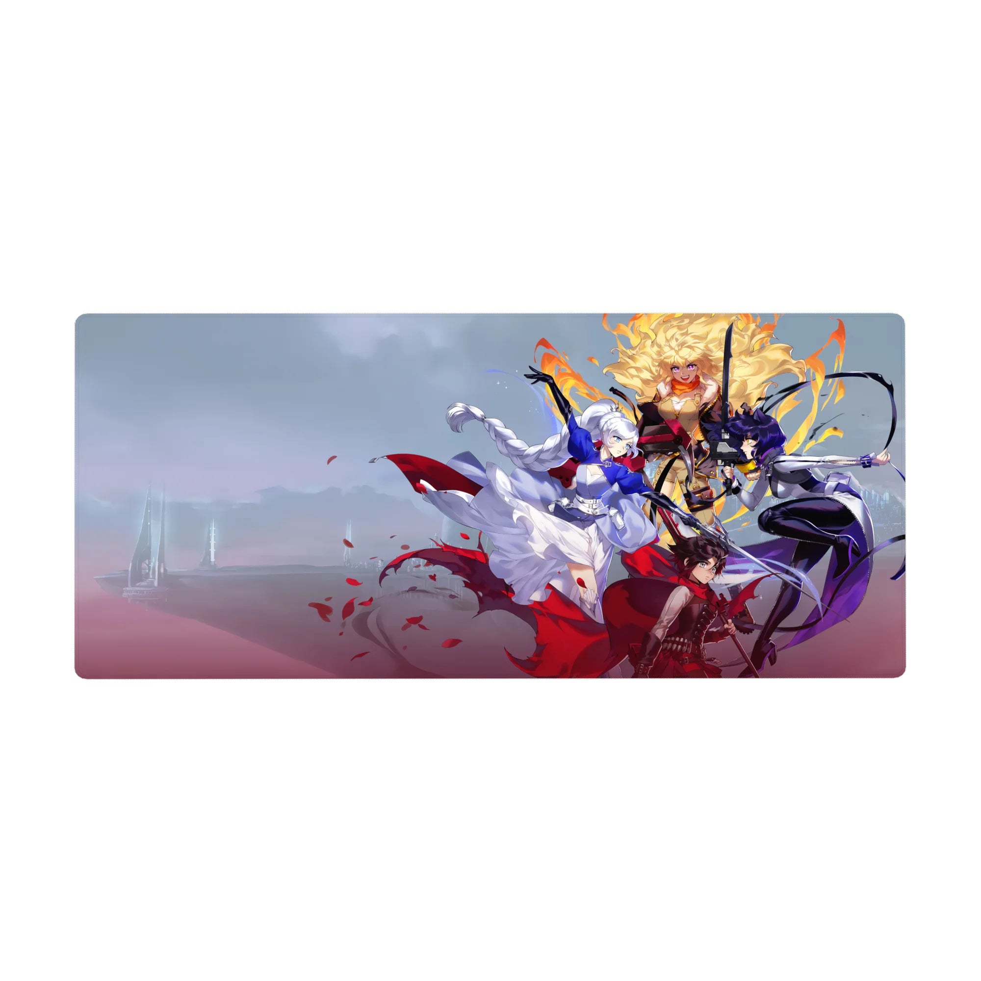 Anime girl desk pad 36x16 inches with three heroines, petals, capes, and crisp high-contrast art.