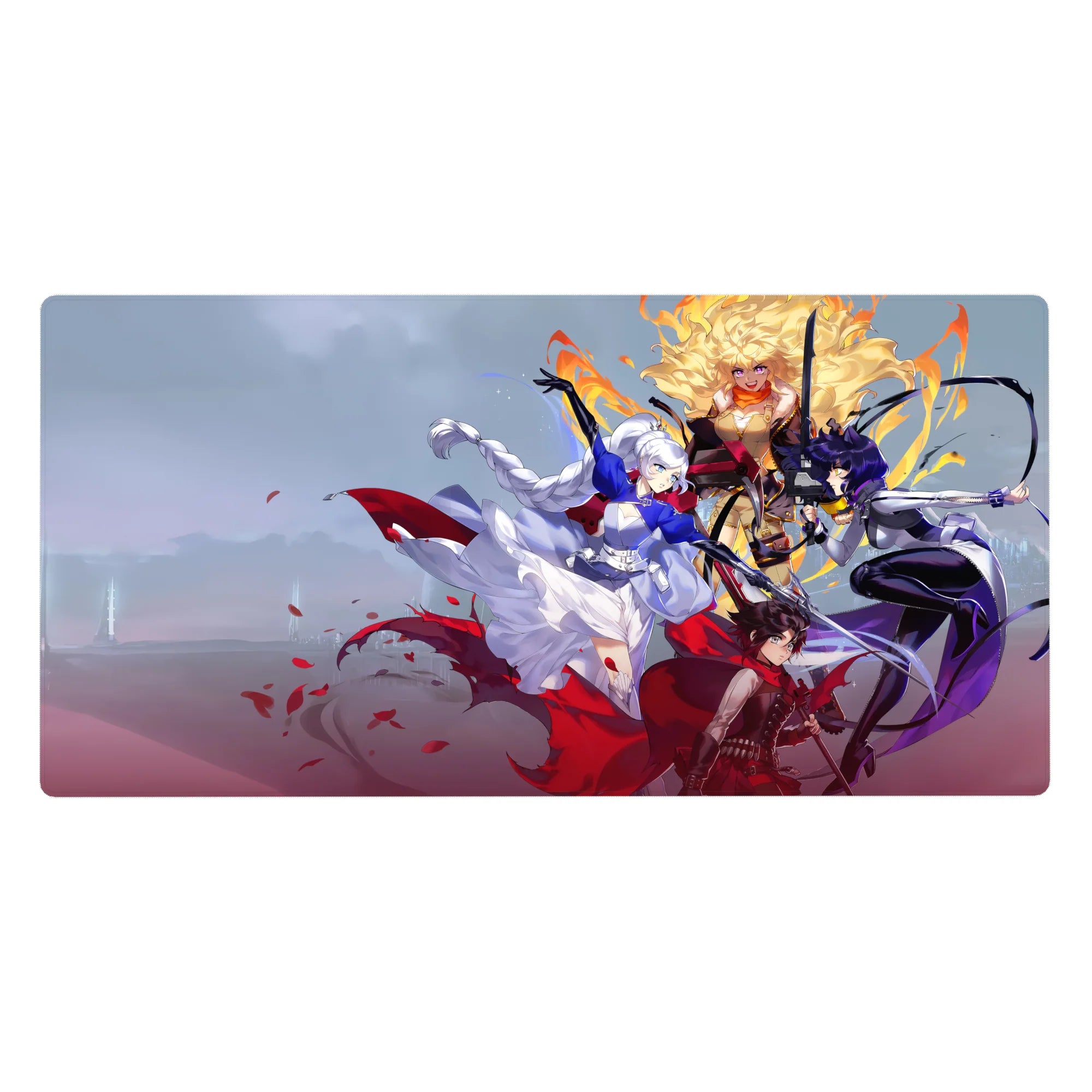40x20 inches anime girl desk pad with silver-haired heroine, fiery fighter, and purple swordswoman art.