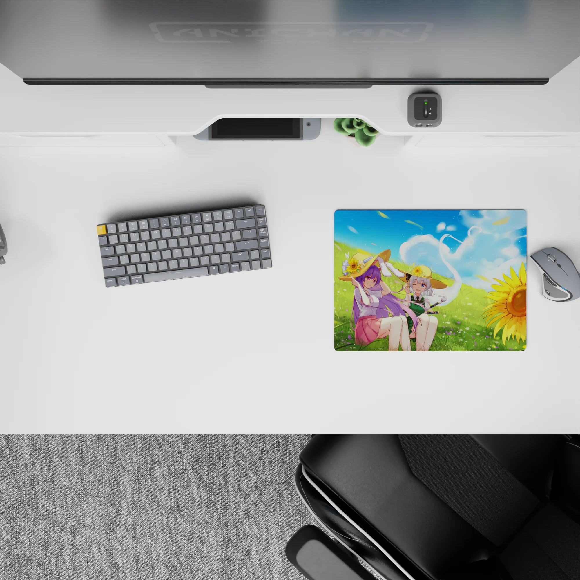 14x10 inches classic anime girl mouse pad in sky blues, soft greens, sunflower gold, calm summer vibe.