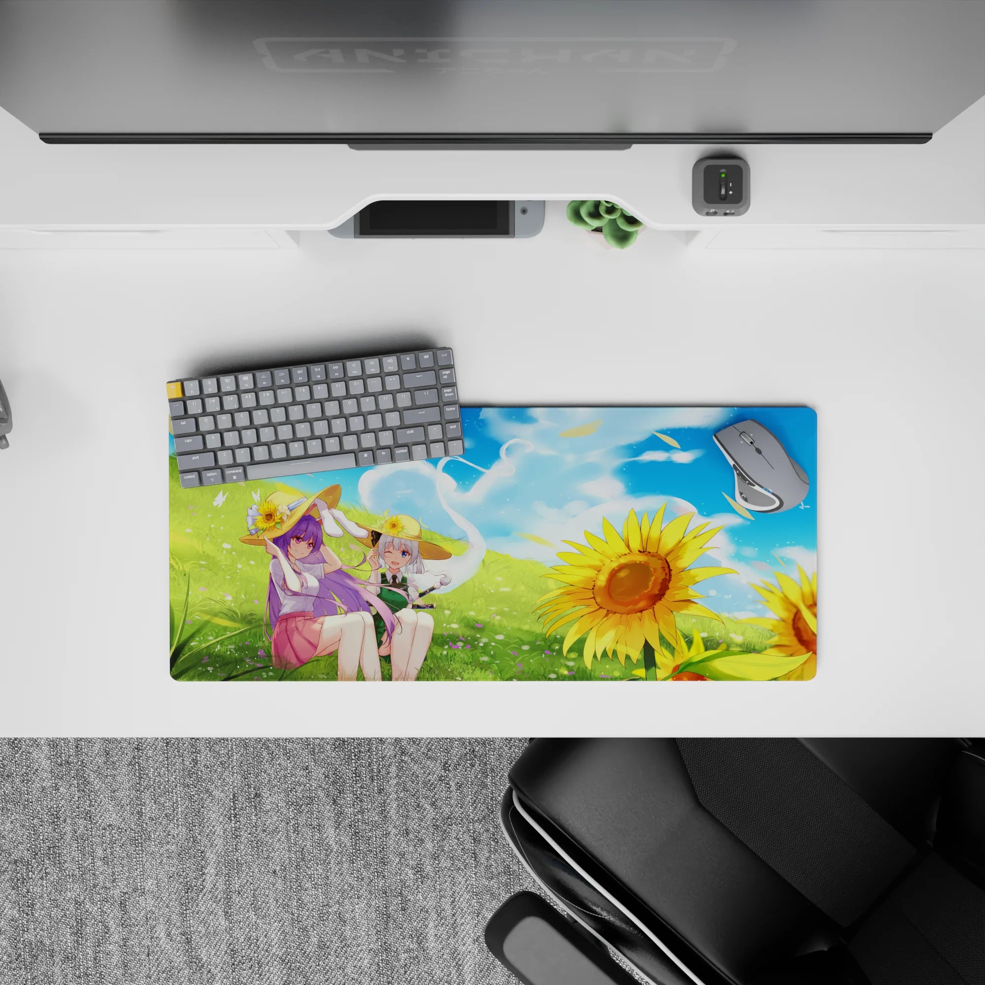 28x12 inches anime girl mouse pad in sky blue, soft green, and sunflower gold with drifting petals.