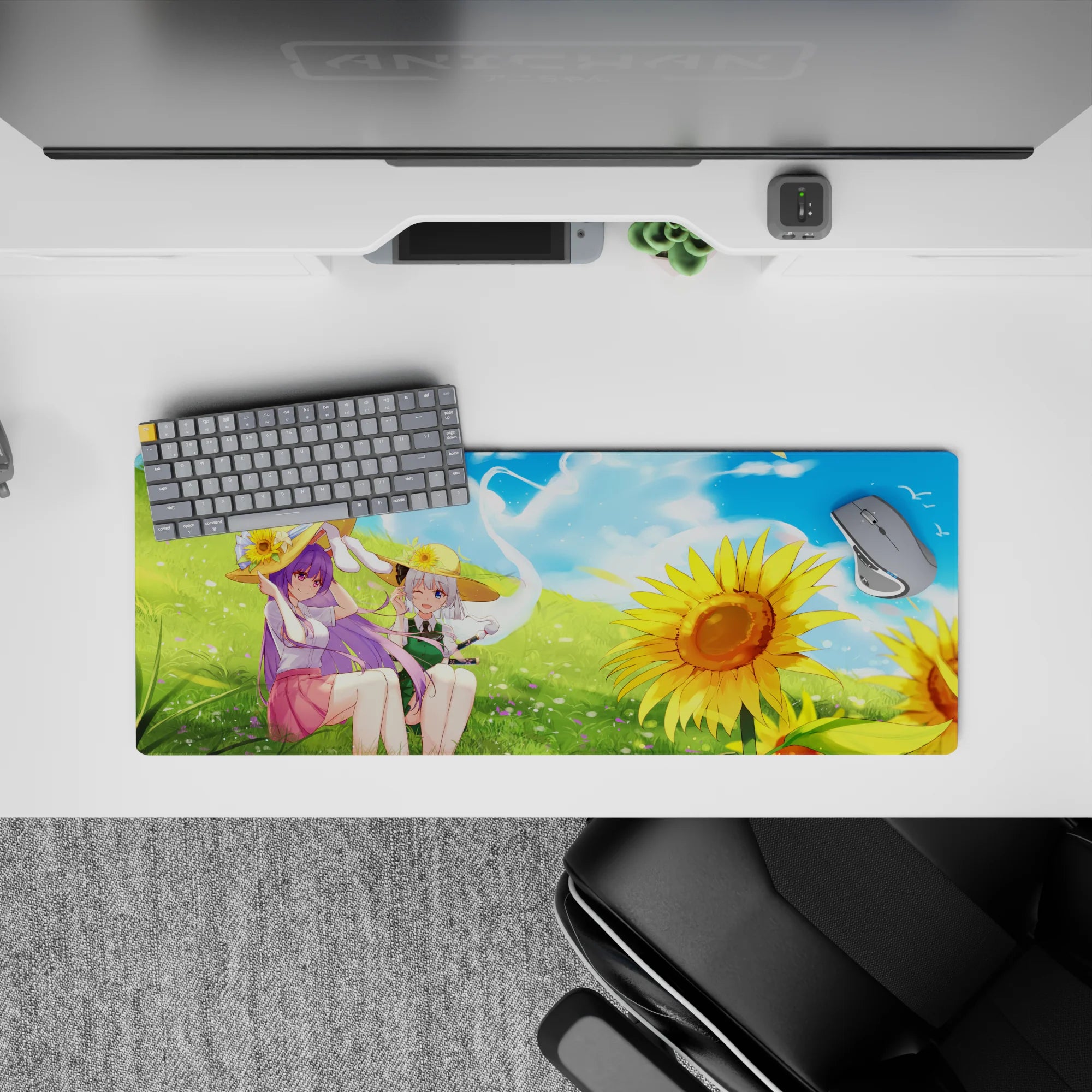 32x12 inches anime girl mouse pad in sky blues, soft greens, sunflower gold, calm sunny summer vibe.