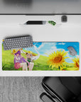 32x12 inches anime girl mouse pad in sky blues, soft greens, sunflower gold, calm sunny summer vibe.