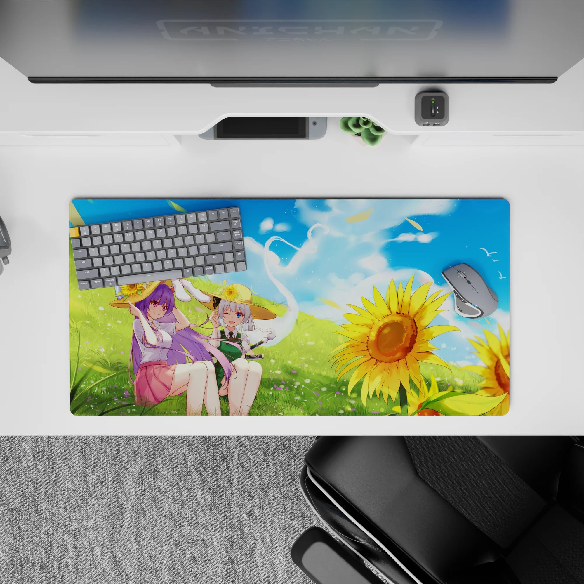 32x16 inches anime girl mouse pad in sky blues, soft greens, and sunflower gold for a calm summer desk vibe.
