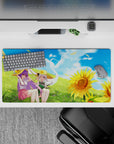 32x16 inches anime girl mouse pad in sky blues, soft greens, and sunflower gold for a calm summer desk vibe.