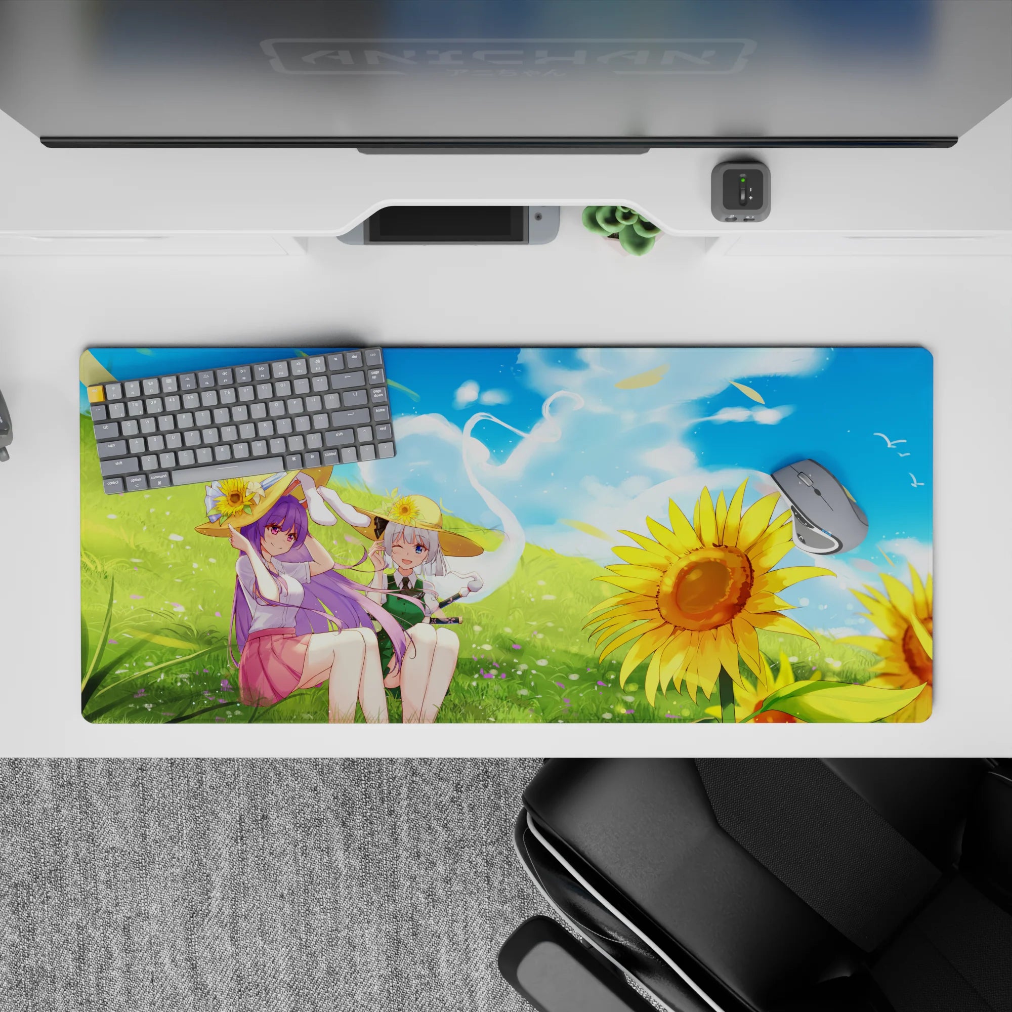 Anime girl desk pad 36x16 inches in sky blue, soft green, and sunflower gold, calm summer mood.