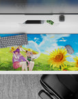 Anime girl desk pad 36x16 inches in sky blue, soft green, and sunflower gold, calm summer mood.