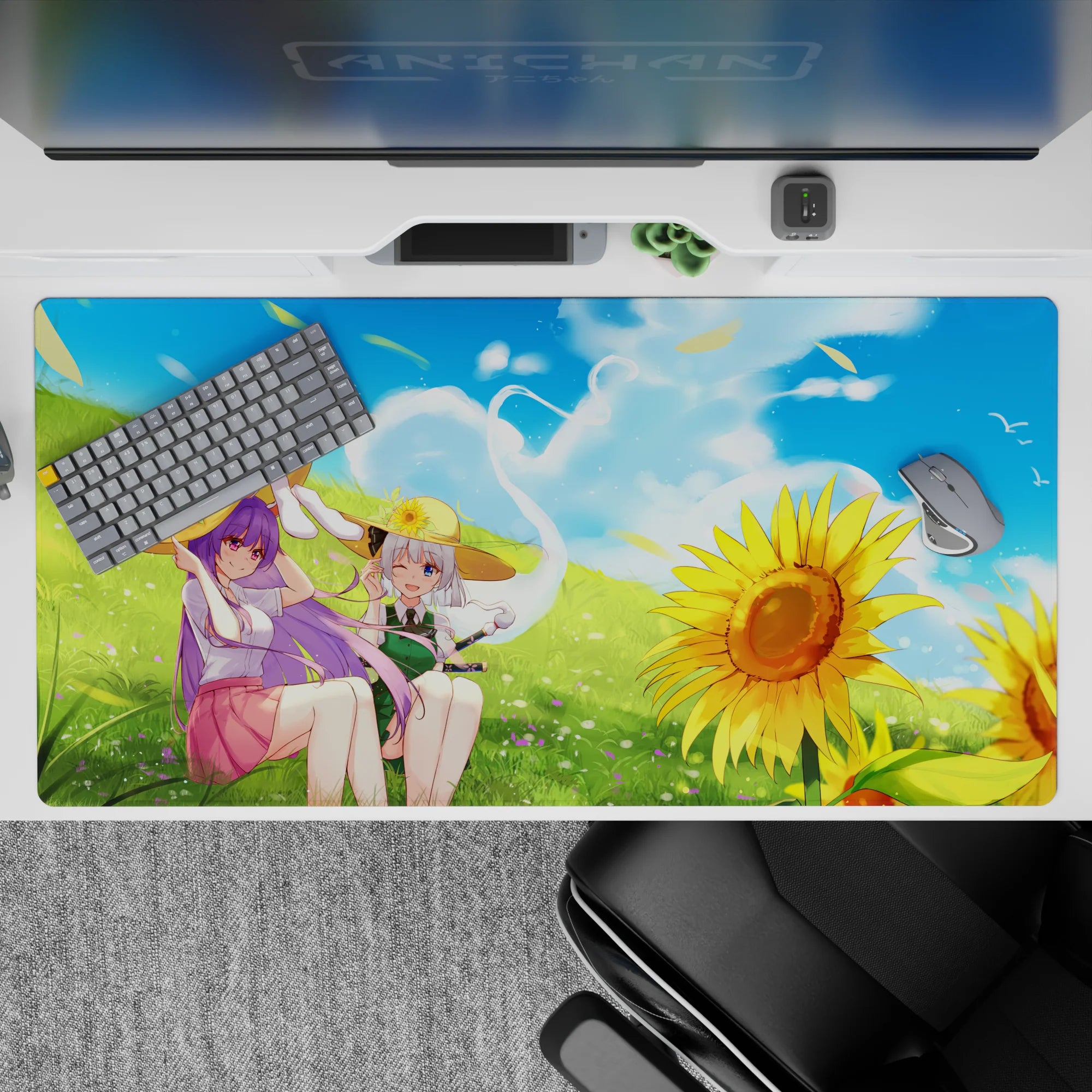 Summer calm desk pad 40x20 inches in sky blue, soft green, and sunflower gold with breezy vibes.