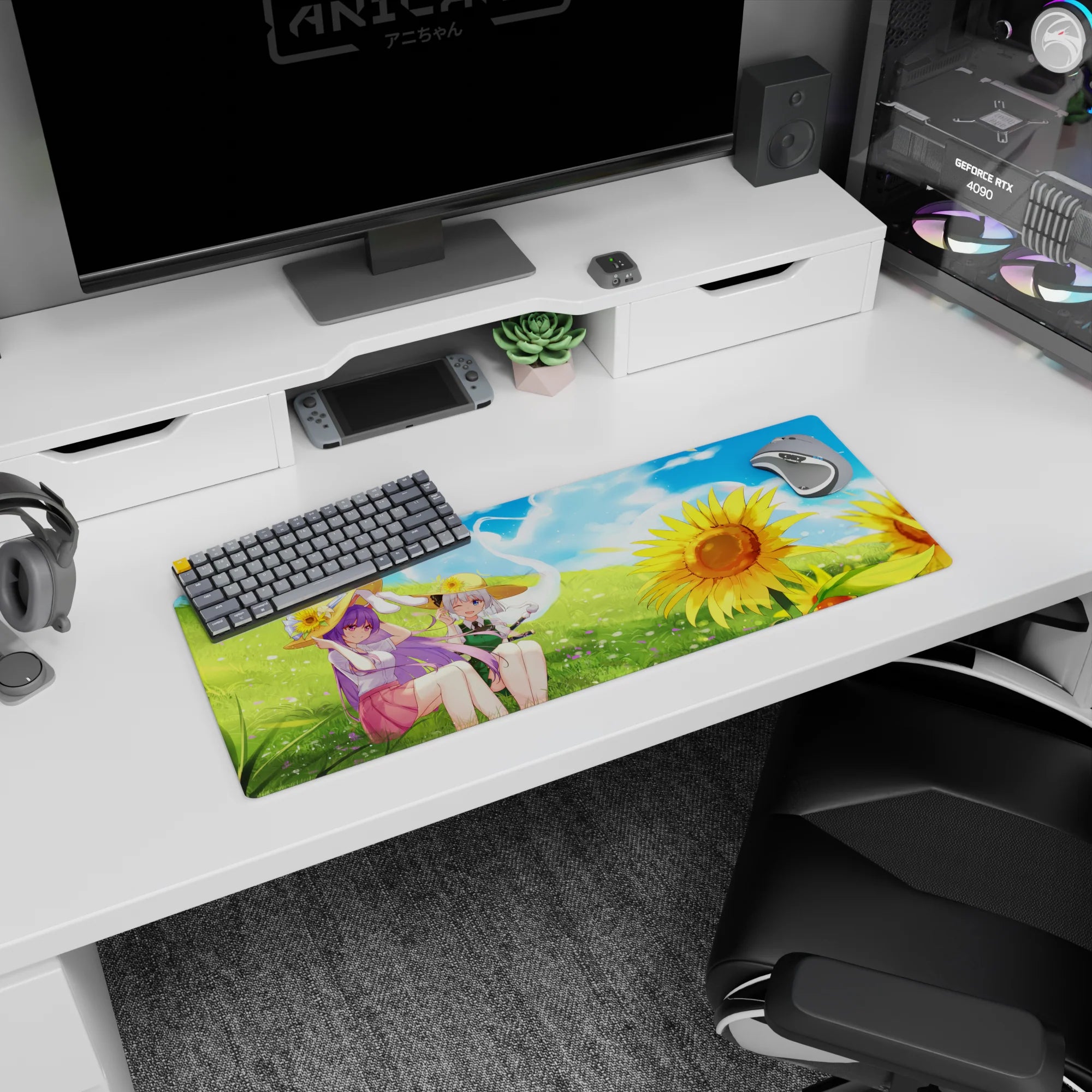 32x12 inches Touhou mouse pad with Patchouli Knowledge and Youmu Konpaku relaxing in a breezy meadow.