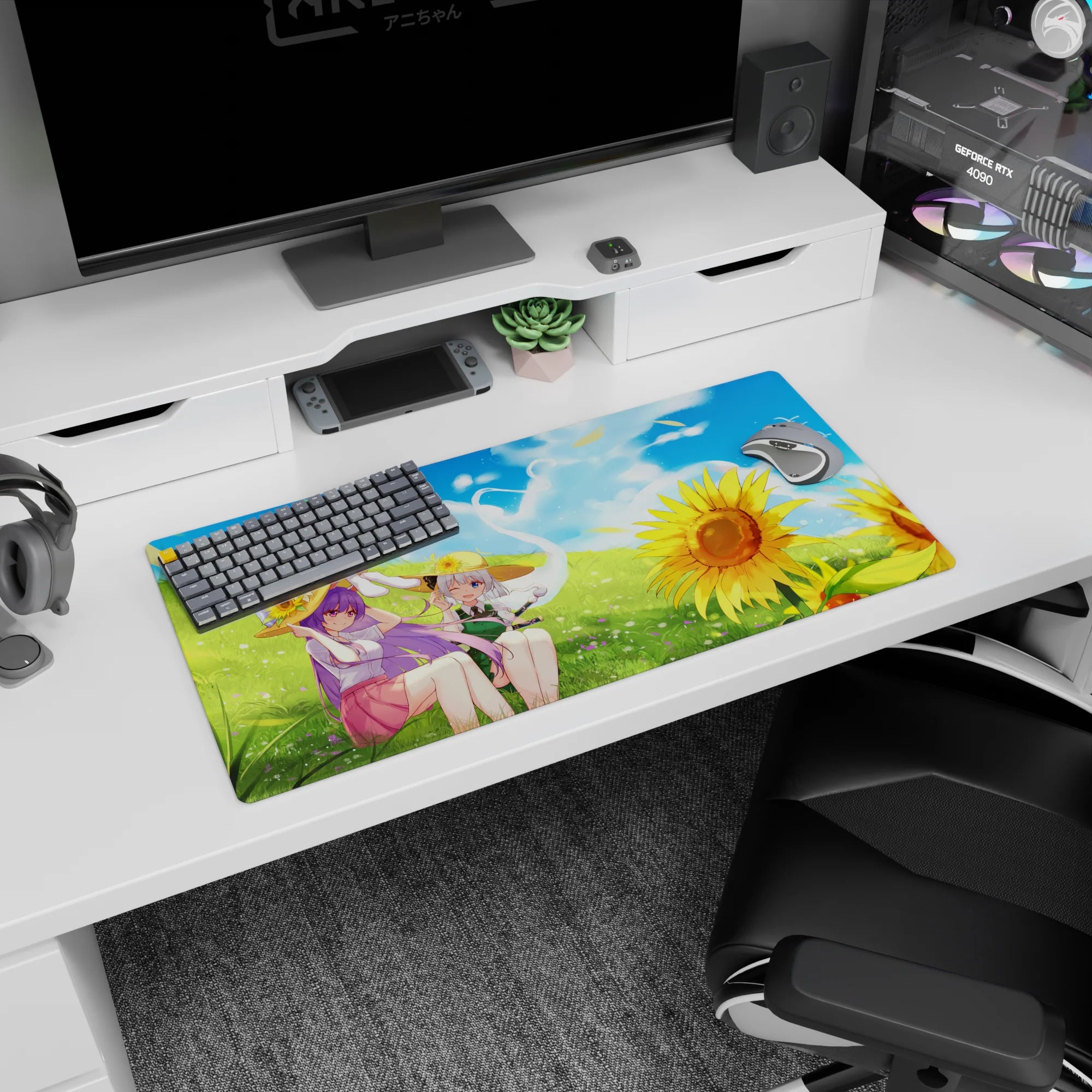 32x16 inches Touhou Project mouse pad featuring Patchouli Knowledge and Youmu Konpaku relaxing in a meadow.