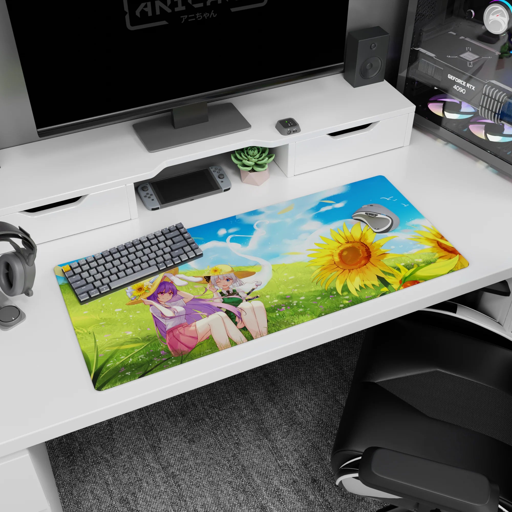 Touhou Patchouli Knowledge and Youmu Konpaku anime desk pad 36x16 inches, lounging in meadow.