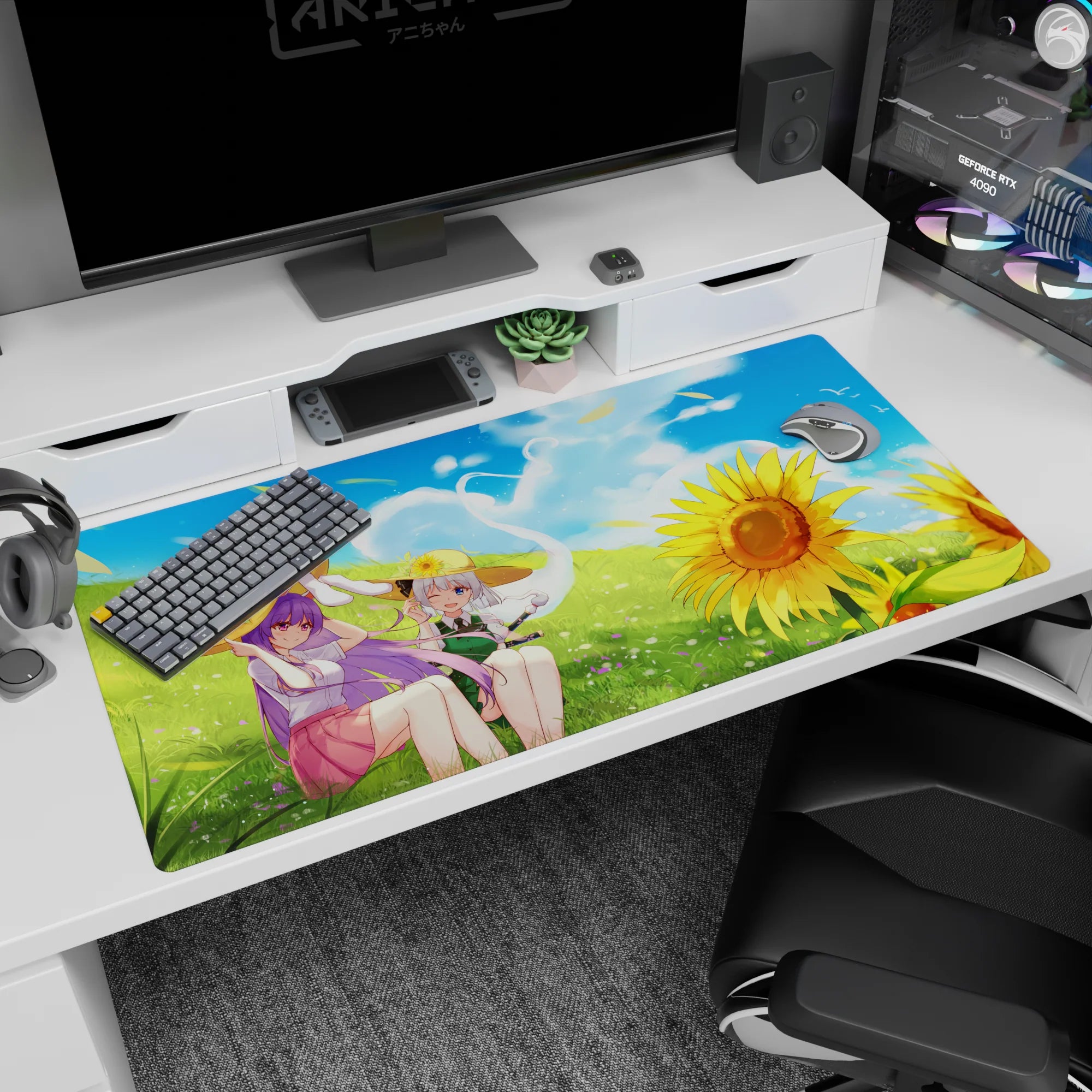 Touhou Patchouli Knowledge and Youmu Konpaku anime desk pad 40x20 inches lounging in a meadow.