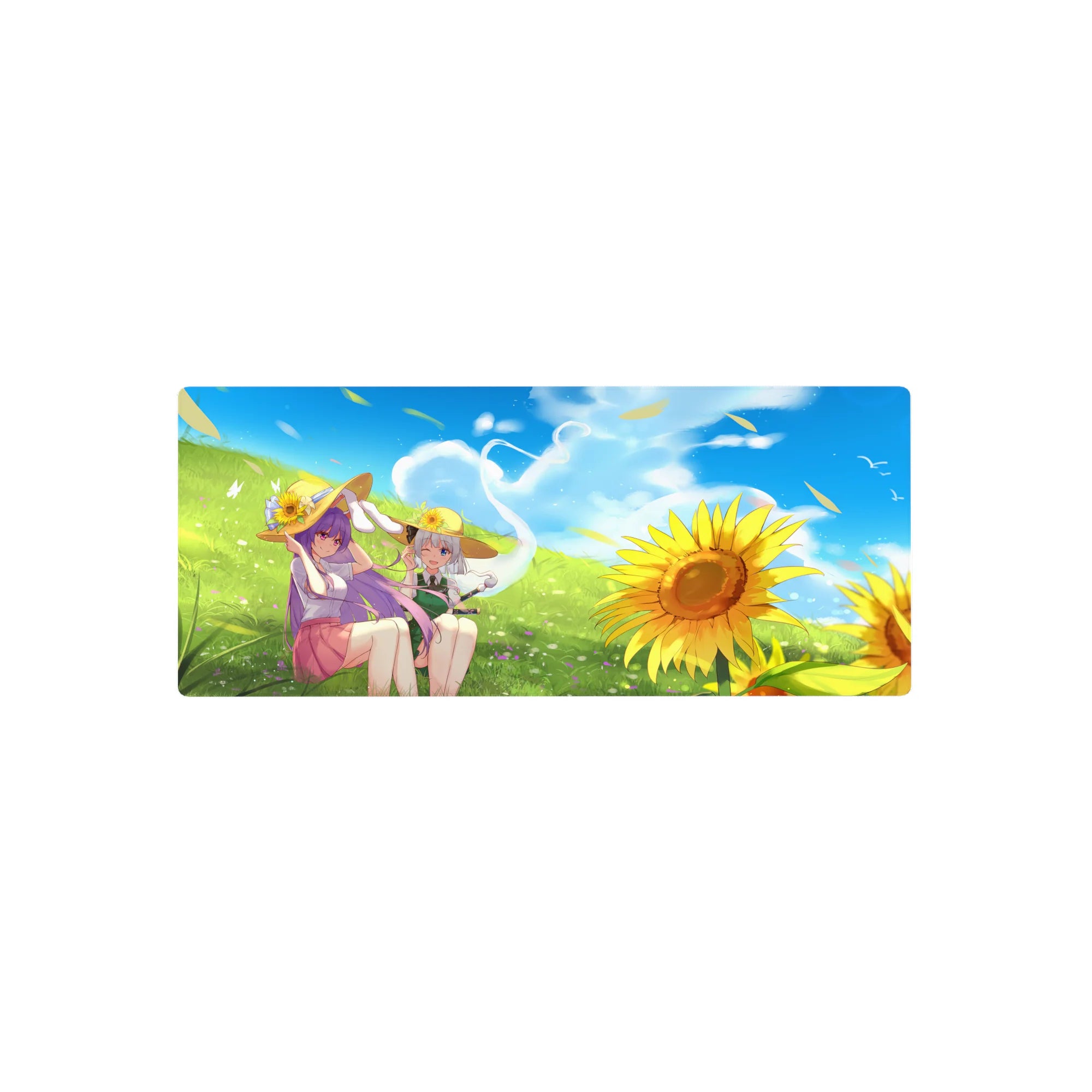 28x12 inches anime girl mouse pad with Patchouli and Youmu in a sunny meadow wearing straw hats.